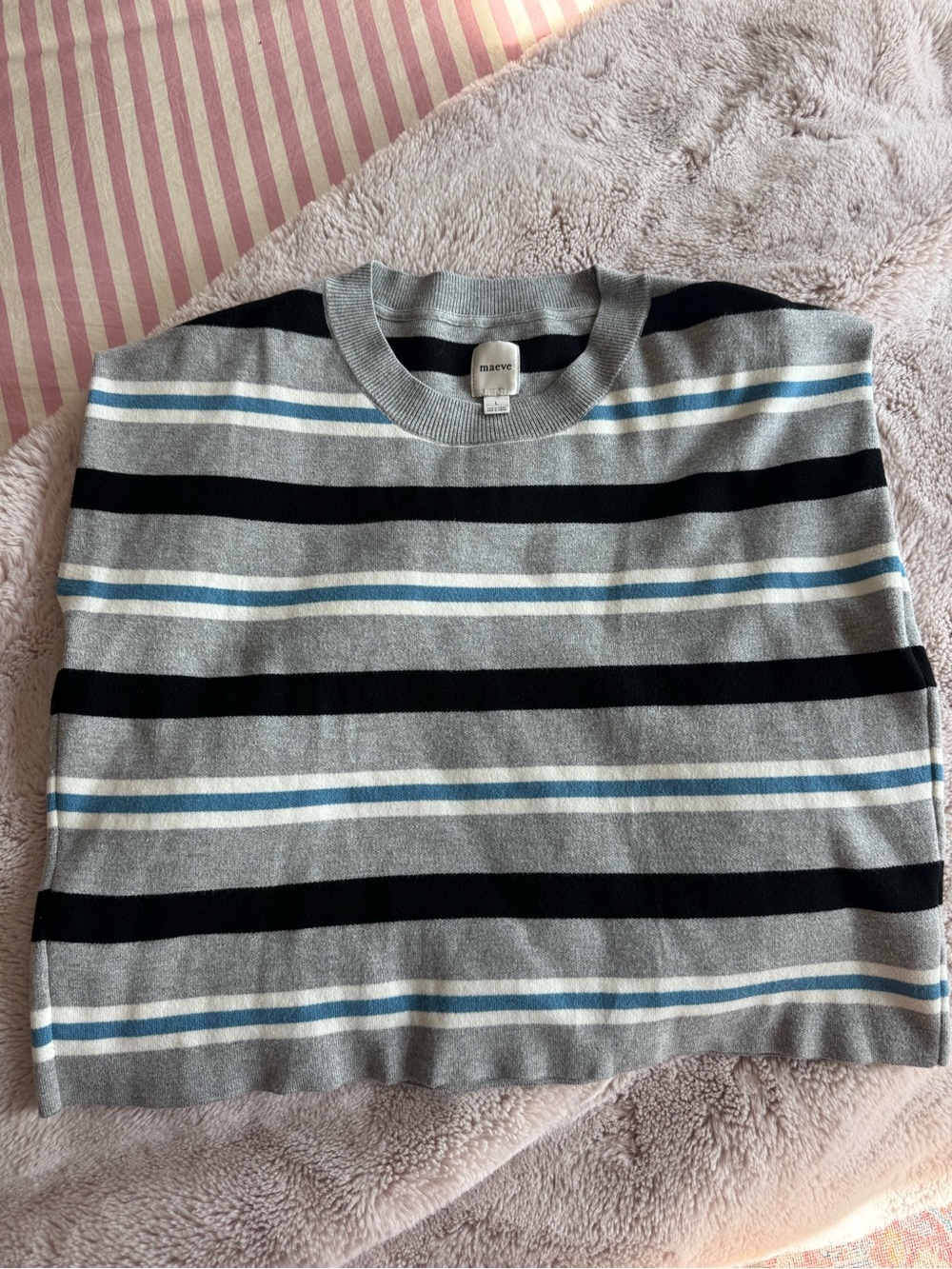 Maeve Gray Crewneck Sweater with Black and Light Blue Stripes